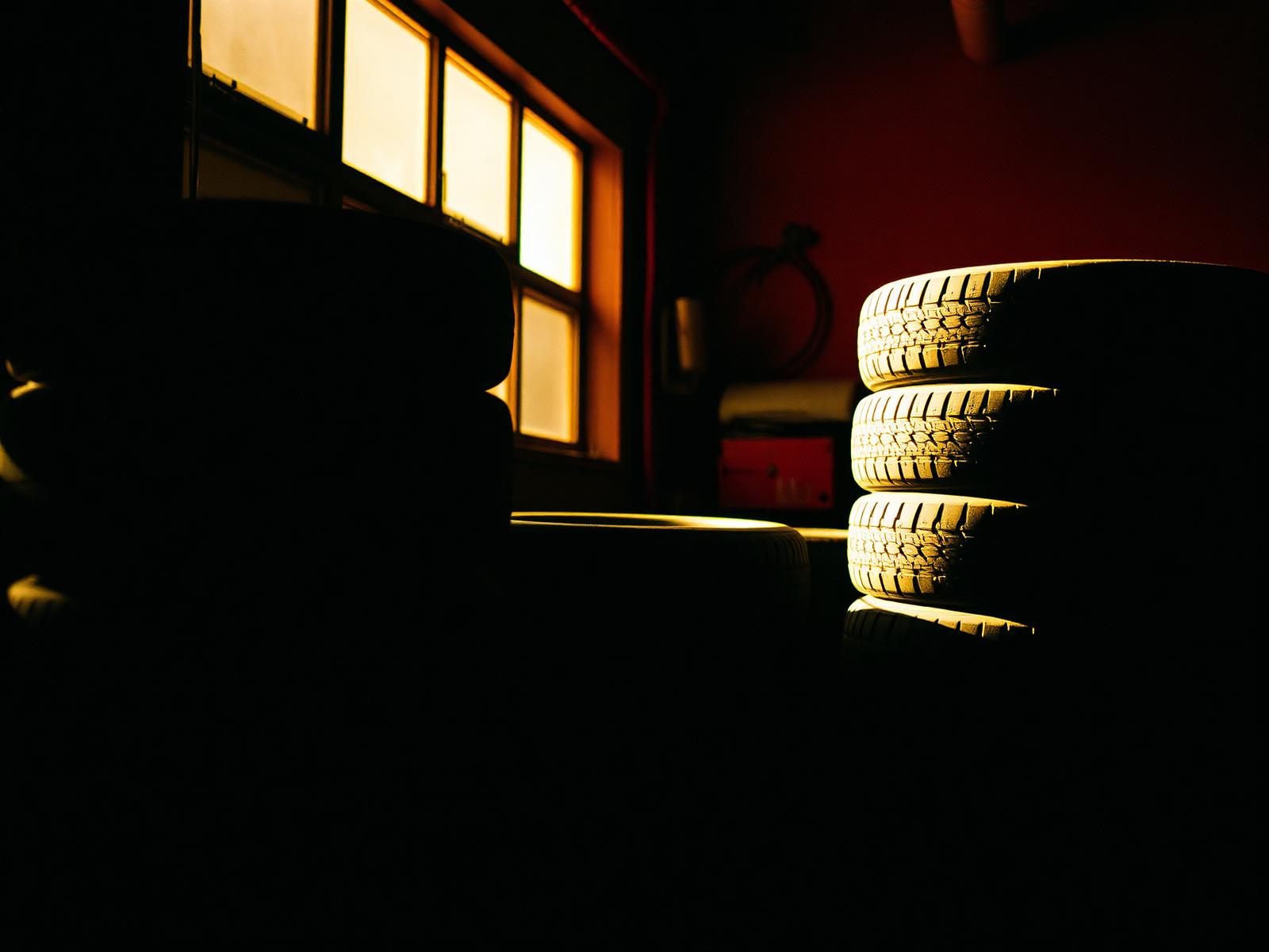 Stack of tires in Pepe's Car Shoes garage